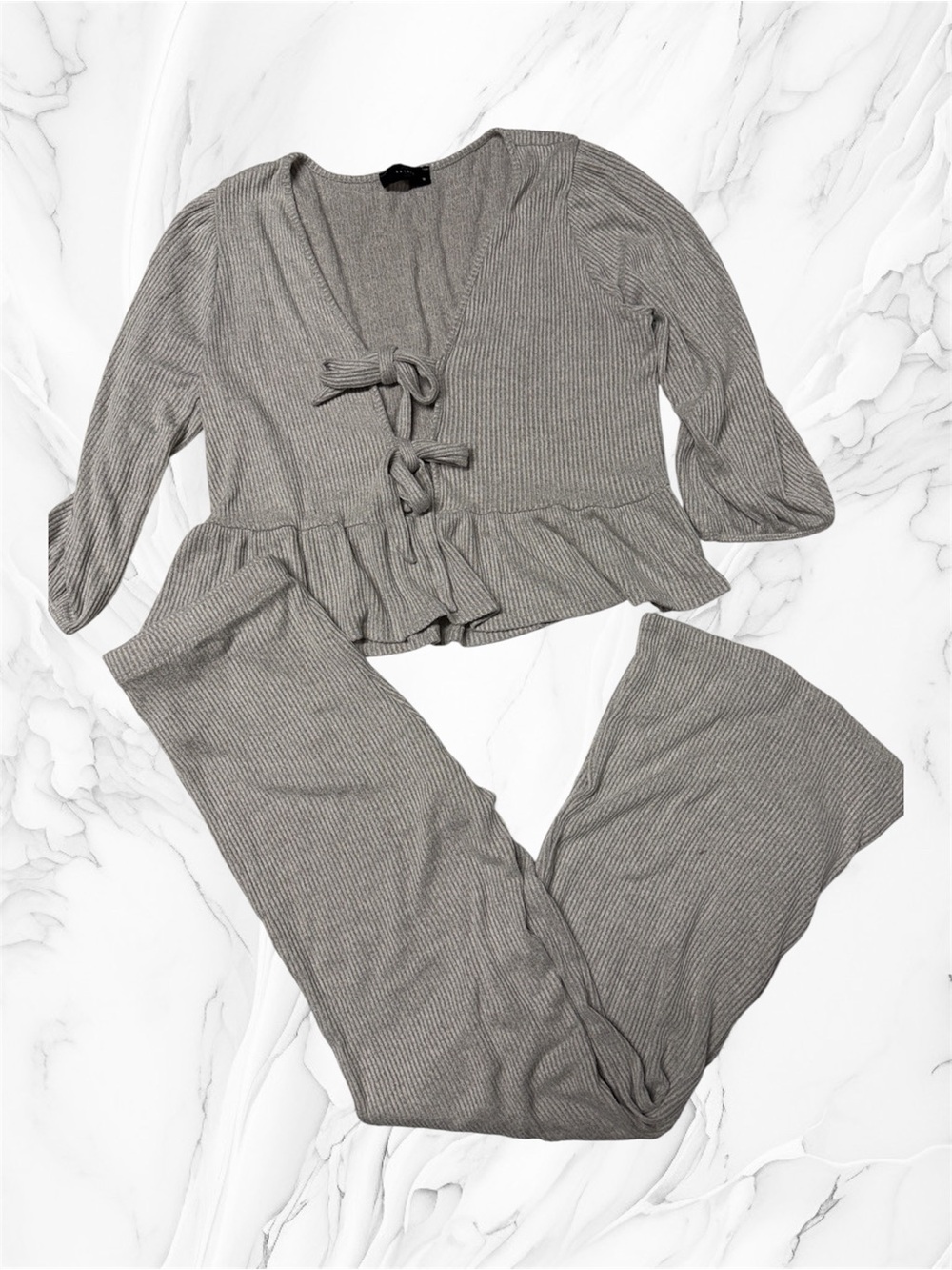 21 Saints Soft Ribbed Tie-Front Loungewear Set in Light Gray